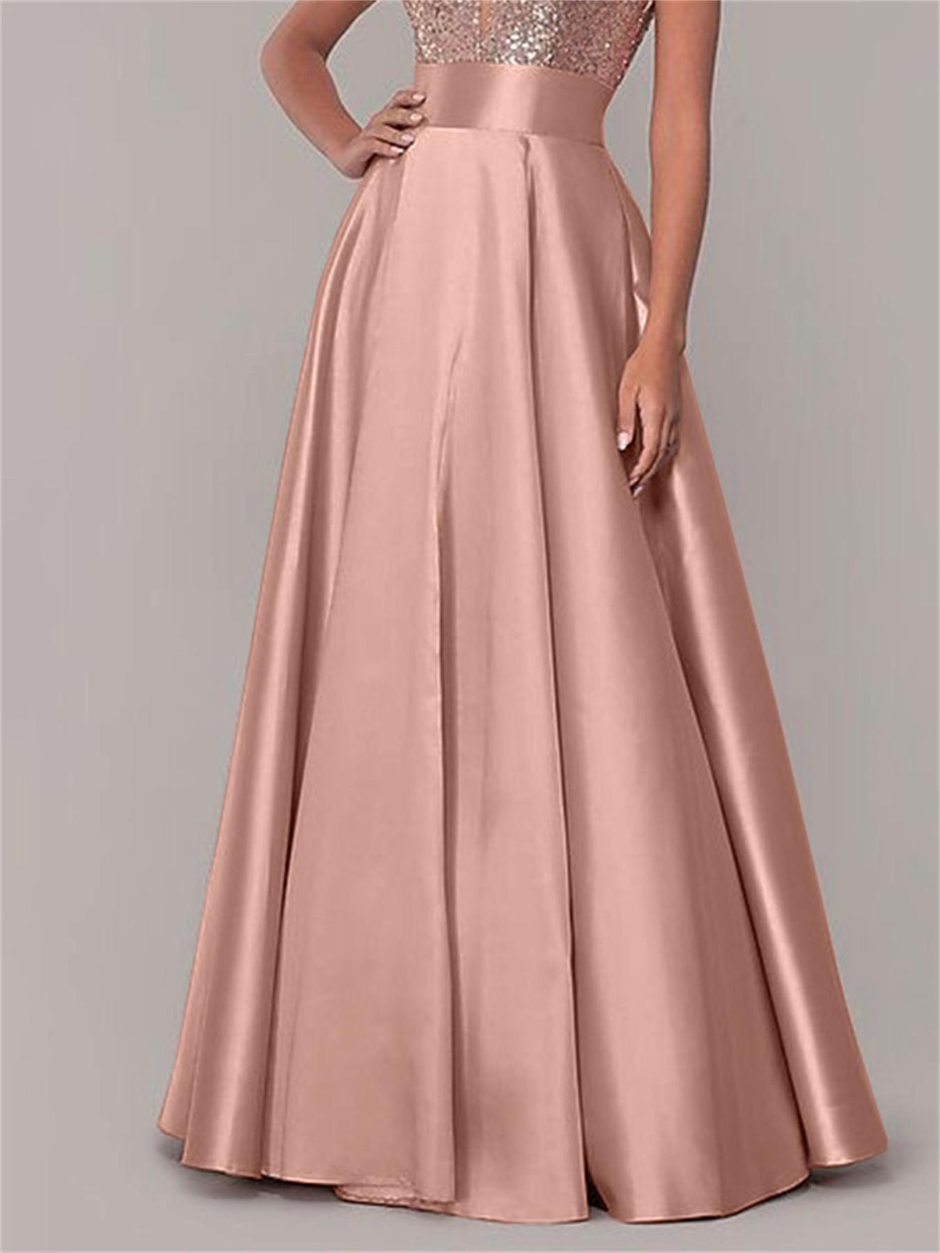 Elegant Plus Size Satin A-Line Skirt - High Waist, Pleated Maxi Dress For Prom & Evening Events, Machine Washable Dresses For Women Elegant Classy Dresses For Women Plus Size