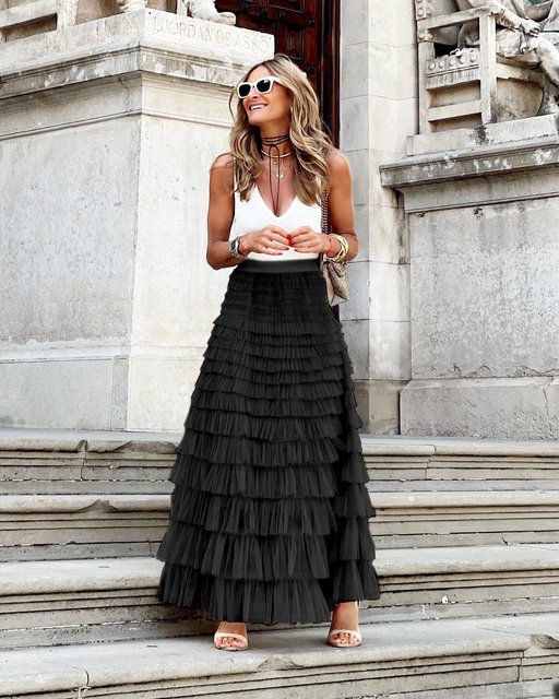 Women's Fashion Solid Color Layered Ruffle Design Elegant Party Skirt